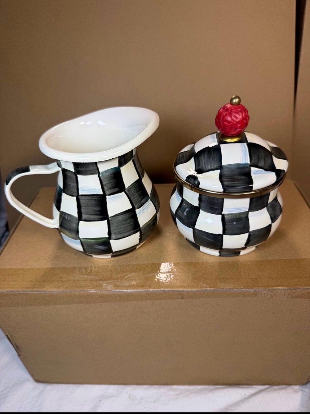 Mackenzie Childs Courtly check Black and white Creamer & Sugar Bowl Set New